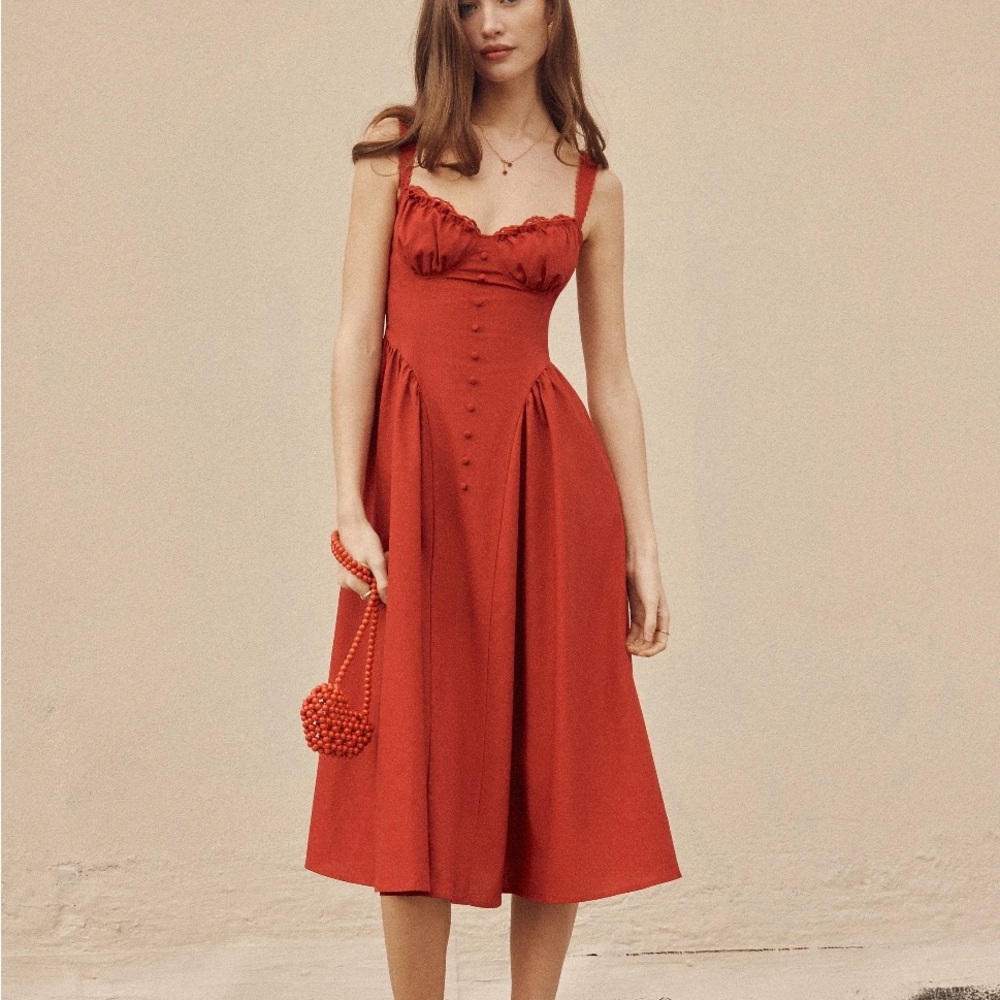 Cider Red Midi Dress with Button Front and Ruching